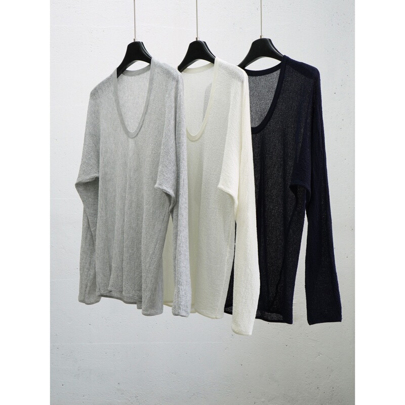 Minimalist Deep U-Neck Slightly Sheer Row-Style Waist-Cinching Tencel Knit Top, Loose and Relaxed Fit, Lightweight Long-Sleeve T-Shirt for Women in Spring and Summer Minimalist Deep U-Neck Slightly Sheer Row-Style Waist-Cinching Tencel Knit Top, Loose and Relaxed Fit, Lightweight Long-Sleeve T-Shirt for Women in Spring and Summer