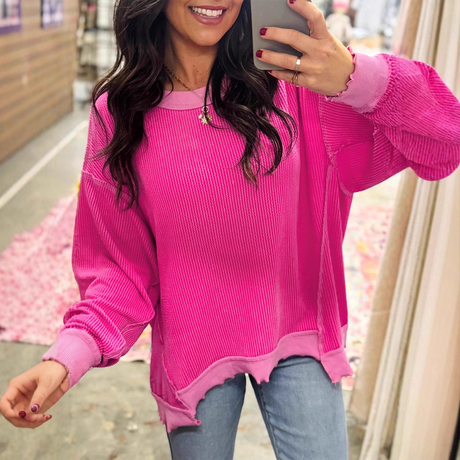 2025 New Autum Pure Color Pullover Sweatshirt for Women European and American Fashion Asymmetrical Hem Loose Long-Sleeved Tops for Women