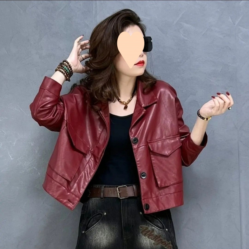 歐洲站2025秋冬新款時尚百搭簡約純色短款皮機車夾克外套女潮