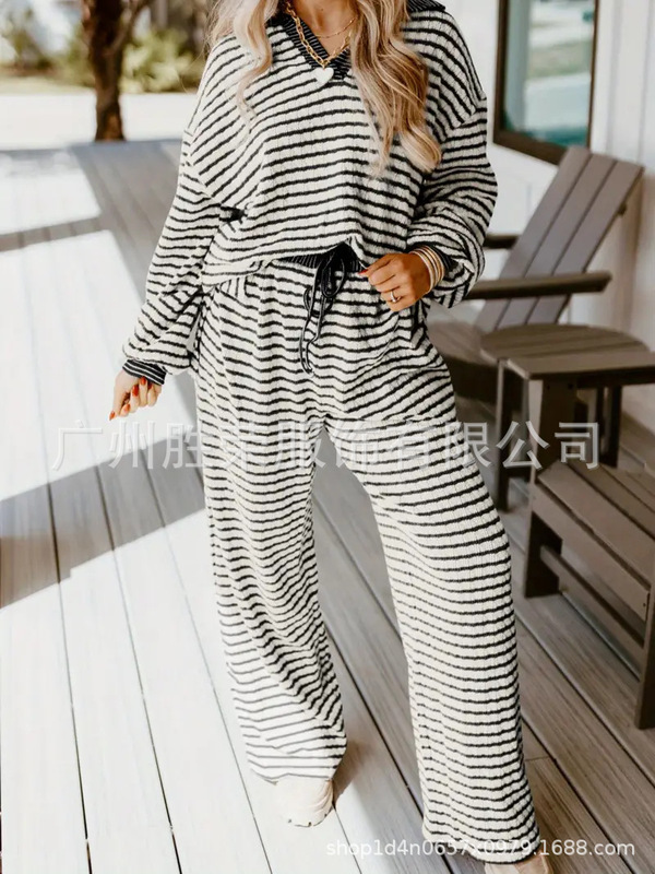 欧美跨境外贸秋冬新款条纹撞色时尚休闲V领宽松长袖 卫衣优雅套装|undefined