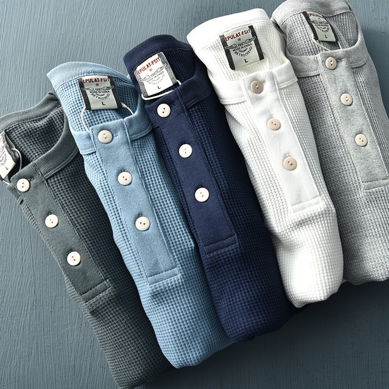 280g Heavy Waffle Retro Henry Collar T-Shirt Men's Long-Sleeved Pure Color Round Neck Men's T-Shirt Bottoming T-Shirt