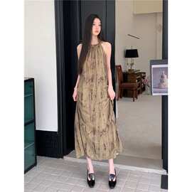 实拍现货新中式黄绿色花卉挂脖长裙无袖吊带内搭连衣裙