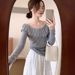 法式一字肩荷叶边灰色针织衫女长袖秋冬穿搭修身娃娃领毛衣打底衫