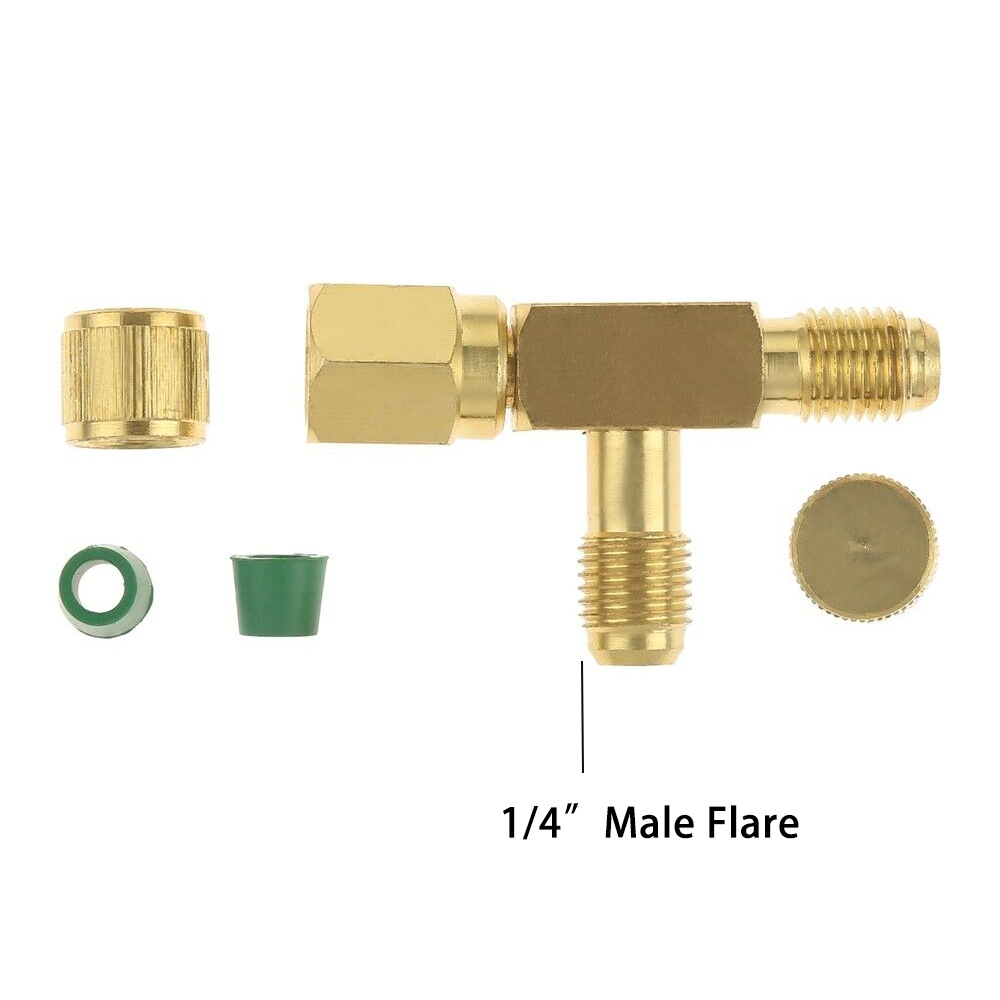 A Set of 1/4" Sae Valve Core Tee Adapter Air Conditioning Refrigeration Equipment Liquid Filler with Sealing Cap