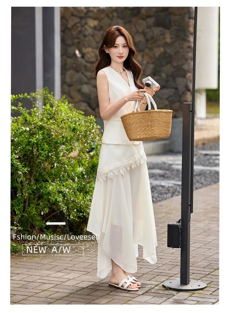 Bộ áo gile không tay và chân váy nữ cao cấp 2026 thiết kế thanh lịch tôn dáng hai mảnh YH6127 — Sữa hạnh nhân, màu trắng ngà chi tiết 20