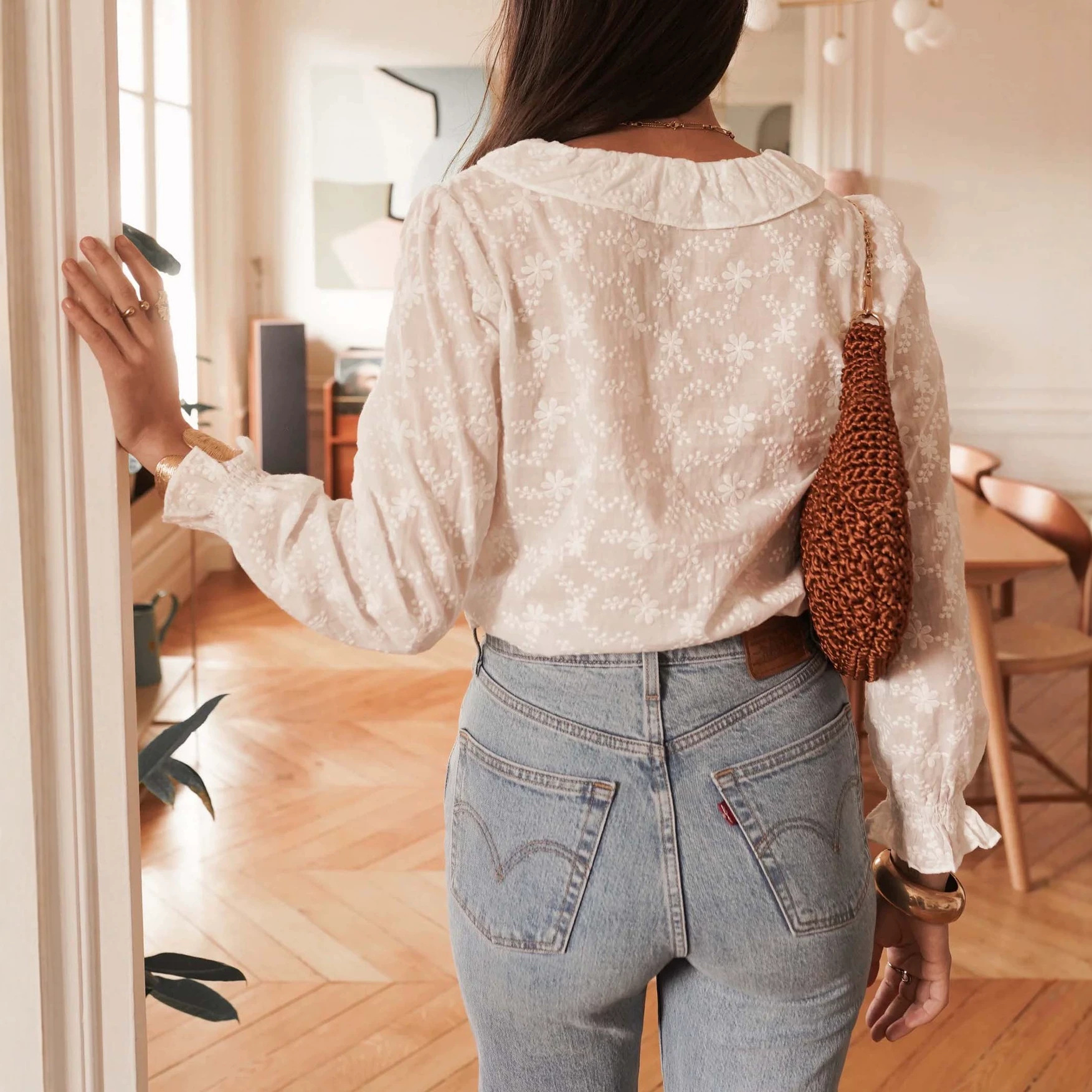 Comercio exterior Europa y América ropa de mujer primavera y otoño collar de loto francés camisa de algodón jacquard bordado camisa de temperamento de mujer