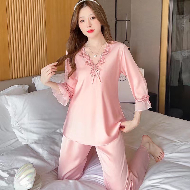 新款春秋冰絲性感蕾絲簡約網紅睡衣女士夏季絲綢套裝家居服女批發