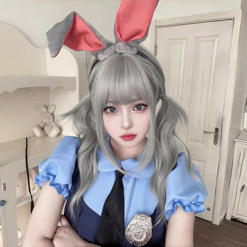 Rabbit Police Officer Zootopia Judy Cosplay Cute Natural Fluffy Lolita Long Curly Wig Full Head Cover