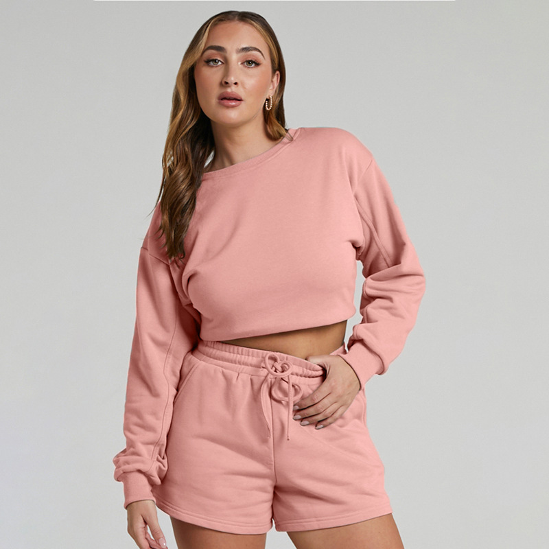 Solid Color Long Sleeve Sweaters Women Clothing Short Two-Piece Casual Shorts Suit