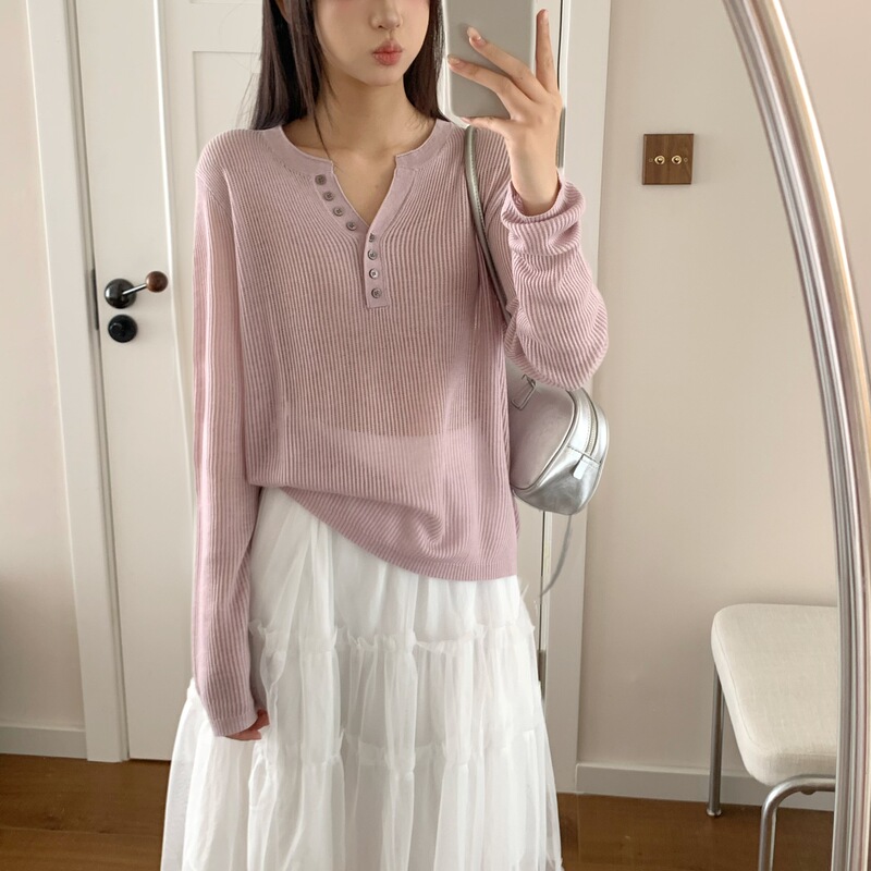 Hollow-Out Paper-Cut Pattern Knit Sweater 2026 Spring/Summer New Style Loose Fit Half-Open Collar Shell Button Vertical Stripe Texture Slimming Effect