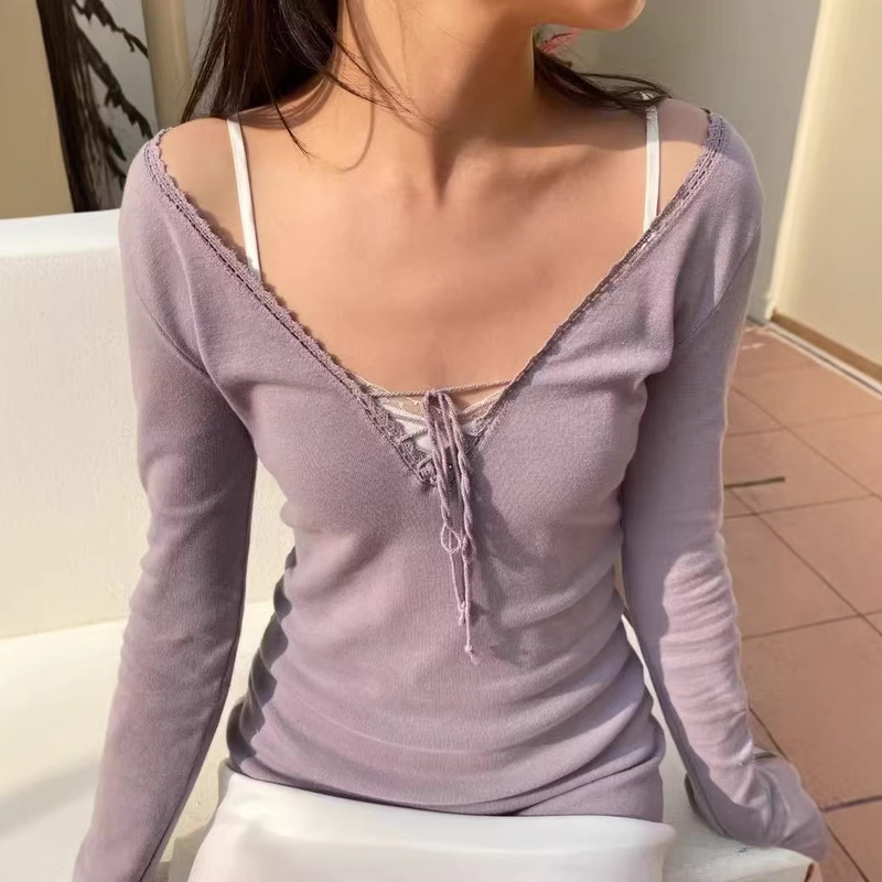 Bm Style Purple V-Neck Lace-Up Long-Sleeve T-Shirt for Women, Slim Fit, Flattering Base Shirt with Tie-Up Design, Tania Top Bm Style Purple V-Neck Lace-Up Long-Sleeve T-Shirt for Women, Slim Fit, Flattering Base Shirt with Tie-Up Design, Tania Top