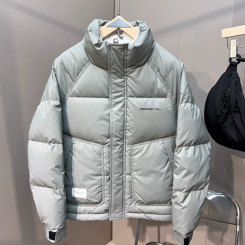 Down jacket, universal winter, duck down filled, velvet‑touch lining, light grey/black