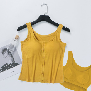 Women's Thin Inner Vest with Chest Pad No Steel Ring Summer Ice Silk Modal Wear-Free Bra One-Piece Button Vest