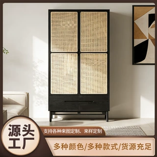 北欧藤编衣柜民宿酒店卧室双门实木收纳储物柜家用设计师双门衣橱