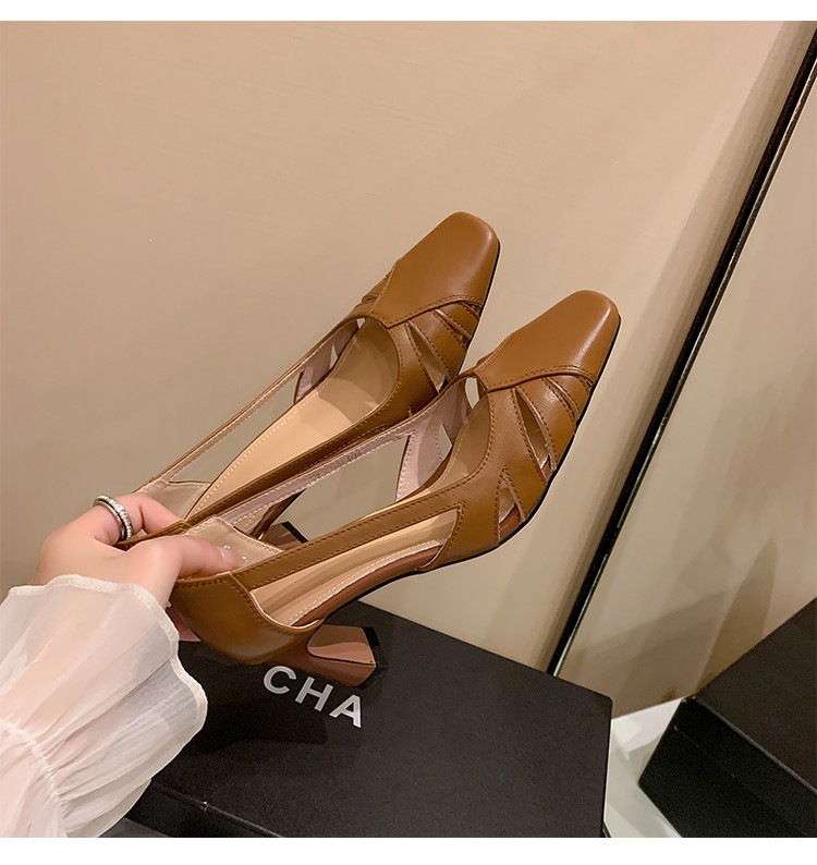 Giày cao gót nữ da thật mũi vuông nhỏ, gót cao 9 cm, phong cách thời trang xuân hè — màu nâu, màu trắng ngà chi tiết 21