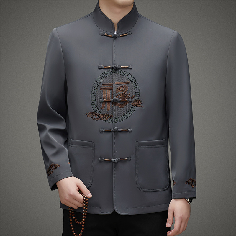 Carefully Selected Thirty-Autumn Middle-Aged Men's Tang Suit Long-Sleeved Stand-Up Collar Chinese Style Embroidered Buckle Holiday Casual Wear