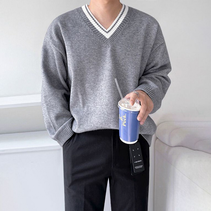 [Big Sale] Color-Blocked V-Neck Knitwear for Men in Autumn and Winter, Korean Style Loose Lazy Knitwear, Versatile Student Dk System