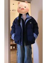 复古撞色格纹假两件拼接双层领棉服外套女冬季新款百搭休闲面包服