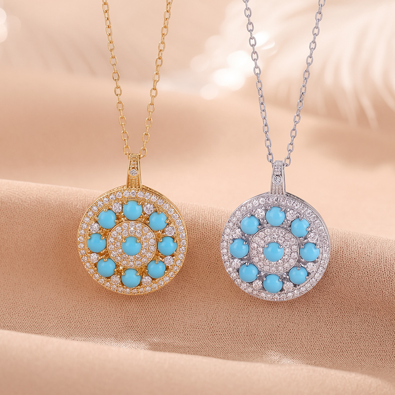 Mặt dây chuyền bạc S925 mạ vàng đá turquoise hình bát bảo la bàn phong cách tân trung hoa — Mẫu bạc - Mặt dây chuyền đơn (không kèm dây)