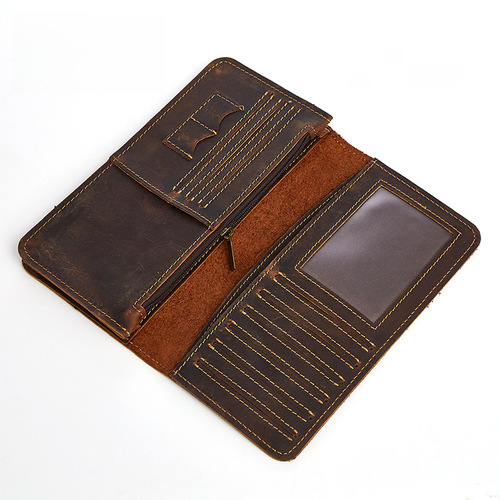 Leather Men's Wallet Crazy Horse Leather Business Retro Multi-Card Slot Long Wallet Men's Casual Handbag Men's Bag