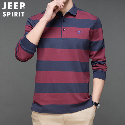 JEEP SPIRIT春秋新品男士条纹POLO衫休闲时尚宽松修身长袖T恤上衣