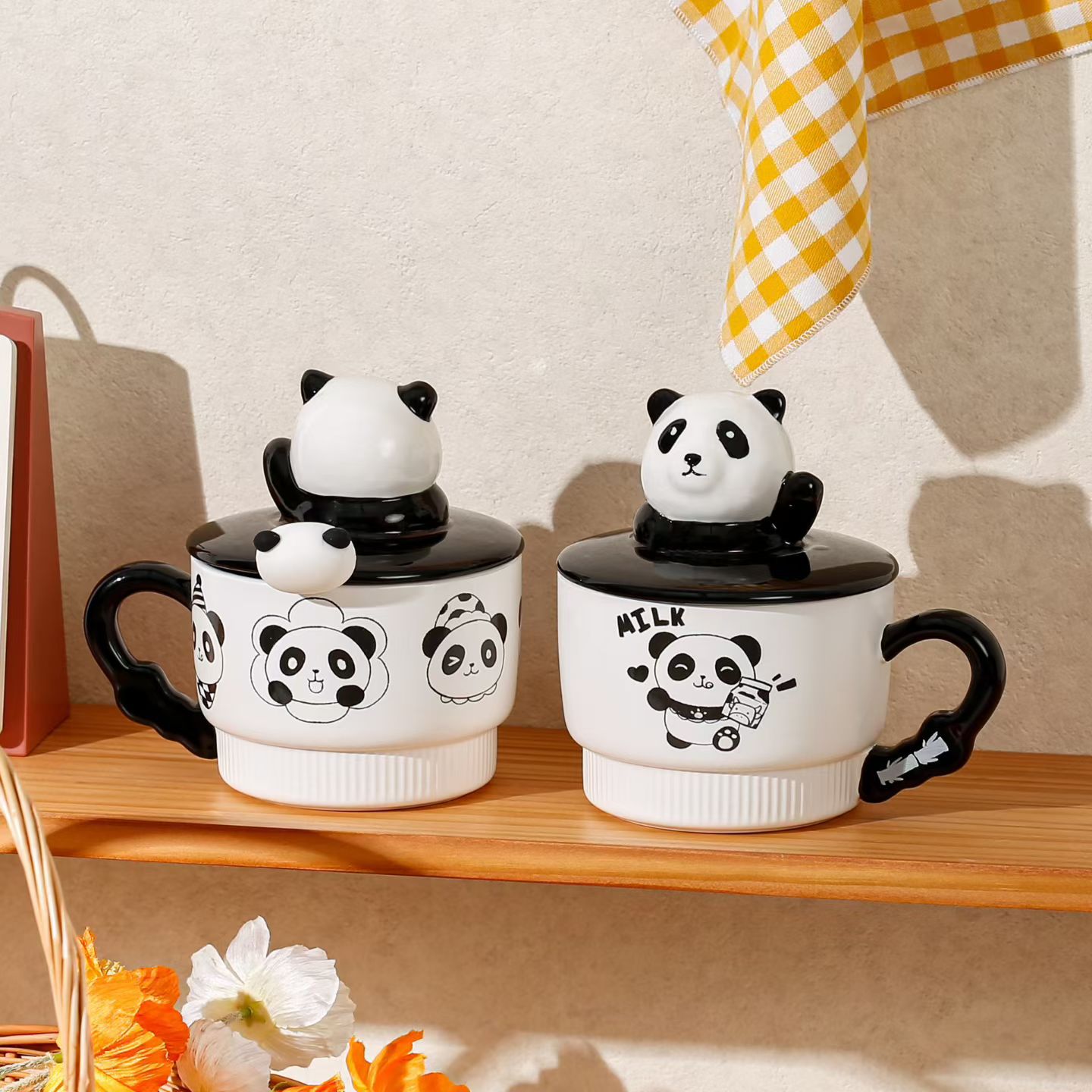 Taza de cerámica creativa Panda con cubierta de cuchara de dibujos animados taza de agua para beber taza de cereales regalo de mano taza encantadora taza de diversión