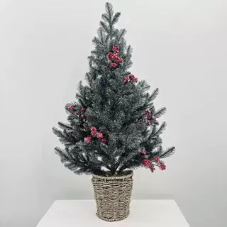 PE 植绒落雪红果小圣诞树 编织藤盆桌面迷你圣诞树 亚马逊定制