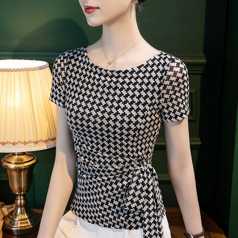 2022 Summer New Arrival Bright Silk Houndstooth Style Top Women's Short-Sleeved Strap Slim-Fit Stylish Plaid Shirt