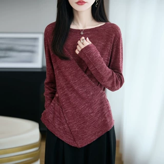 2026秋季新款不规则别致T恤设计感圆领针织衫女百搭显瘦长袖上衣