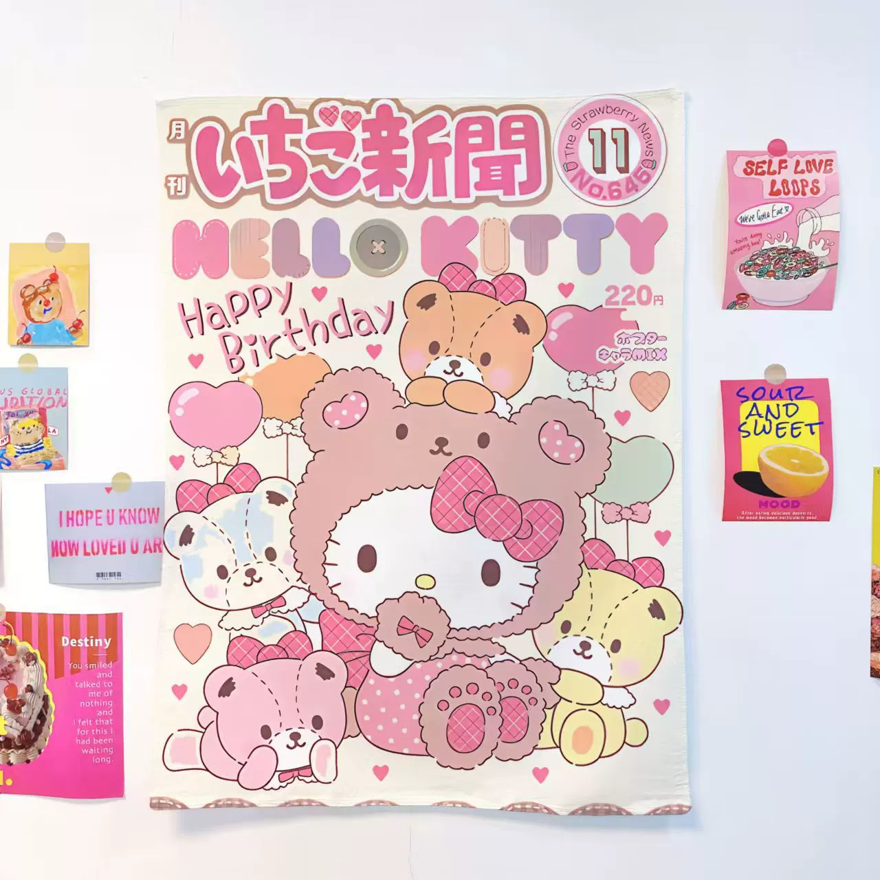 Настенный гобелен (Hello Kitty) — декоративный постер/козырёк для кроватки, размеры 35 см–3 м