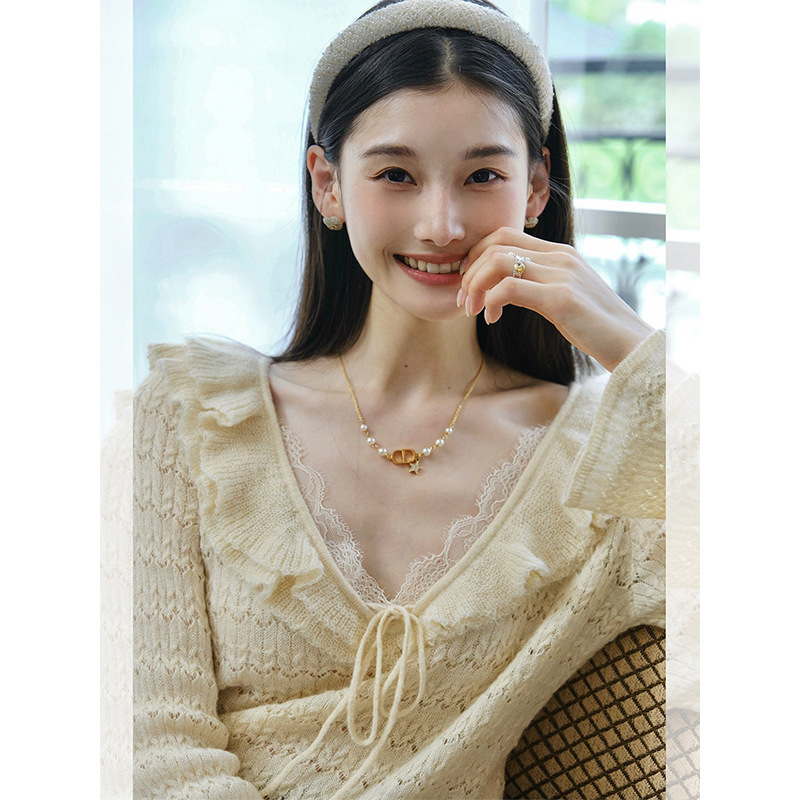 【Jomi Studio】Langyugu Alpaca Wool Blend French Ruffled Lace V-Neck Knit Sweater for Women