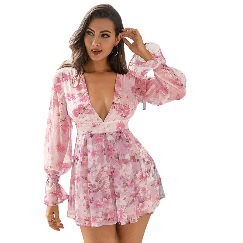 跨境供应链性感女装批发夏季荷叶边深V裙收腰印花度假风连衣裙