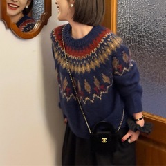 复古撞色提花套头毛衣女宽松休闲百搭加厚保暖2025秋冬针织衫上衣