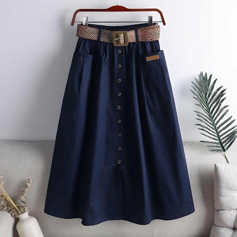 2026 Spring/Summer Korean Style Elastic High-Waisted Skirt with Large Pockets, Slit, Slimming Mid-Length Solid Color A-Line Skirt