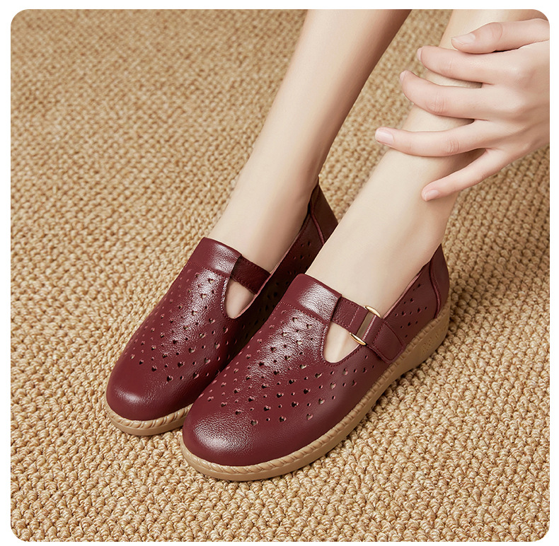 Dép sandal nữ da thật đế mềm thoáng khí, giày lỗ mùa hè — Đỏ rượu chi tiết 21