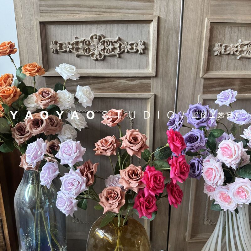 6頭の真珠付き小角バラ 写真撮影用装飾布景 結婚式アーチ造花 宴会場装飾用造花|undefined