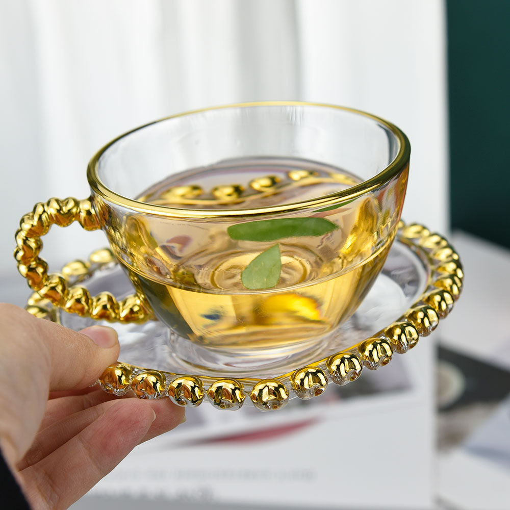 ins中古风描金玻璃爱心手柄法式咖啡杯套装 下午茶花茶杯点心盘子