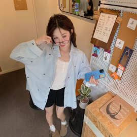 蓝色条纹蝴蝶刺绣衬衫外套女春秋设计感小众休闲宽松百搭衬衣上衣