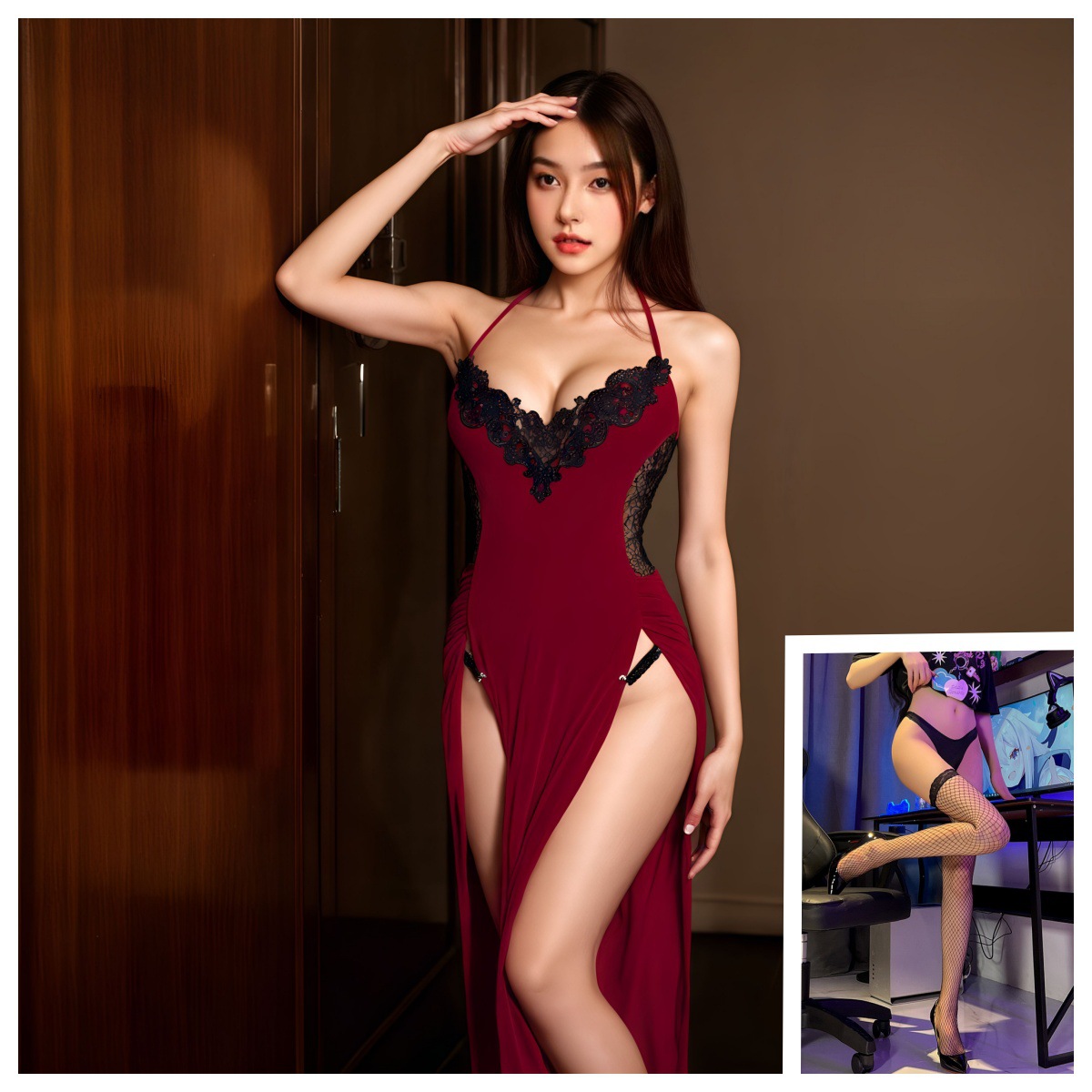 버건디[치파오+속옷]+블랙 망사스타킹