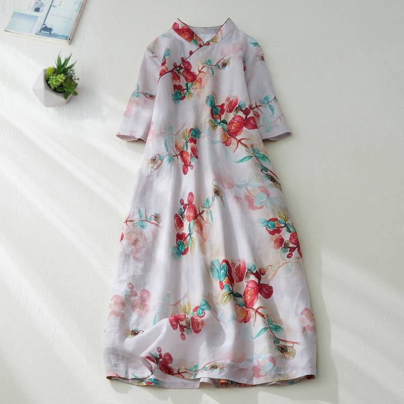 Spring and Summer New Printed Retro 2024 Cotton and Linen Cheongsam Dress plus size Artistic Collar Half Sleeve dress