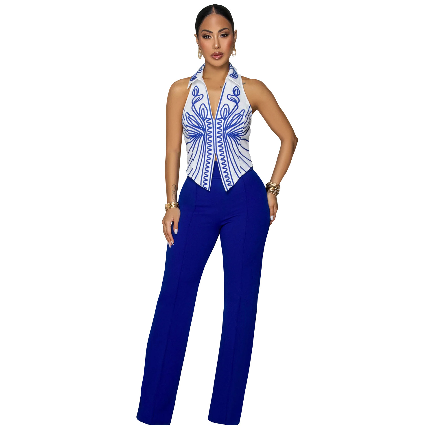 C7452 Cross-border AliExpress Amazon Moda europea y americana Ropa de mujer Temperamento Elegante top estampado Pantalones de dos piezas