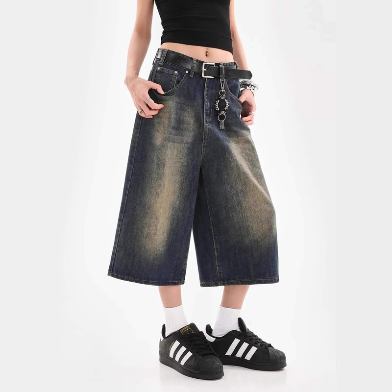 American Style Three-Quarter Retro Washed Jeans Straight Denim Shorts Summer New High-Waisted Loose Wide-Leg Mid-Pants American Style Three-Quarter Retro Washed Jeans Straight Denim Shorts Summer New High-Waisted Loose Wide-Leg Mid-Pants