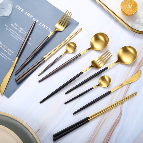 Round handle 304 stainless steel Portuguese tableware set cross-border home hotel Western steak knife, fork and spoon four-piece set