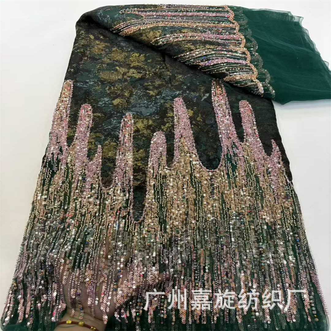 Nuevo gradiente de cuentas bordadas empalmadas tinta fuerte Jacquard tela de encaje vestido de boda europea y americana tela de vestido