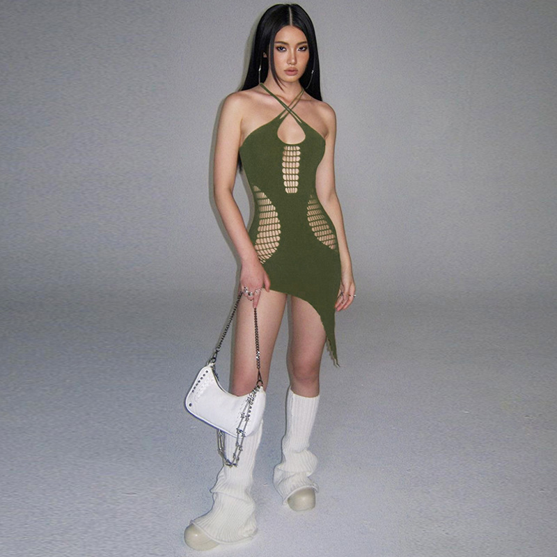 Sexy Solid Color Halter Neck Sleeveless Hollow Out Backless Spandex Polyester Above Knee Strap Dress
