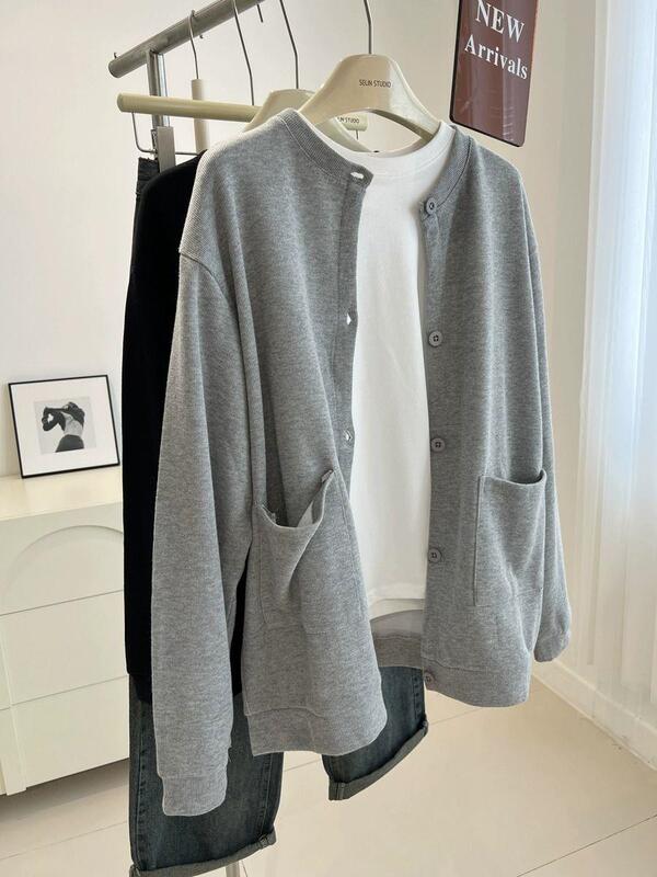 Simple Pocket Gray Crew Neck Cardigan Outerwear Sweatshirt for Women, Loose Thin Jacket