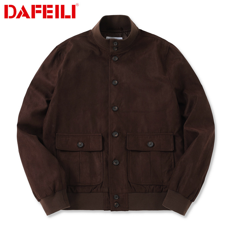 Brown stand-up collar A1 button-up cardigan bomber jacket, vintage workwear style suede casual American casual jacket for men
