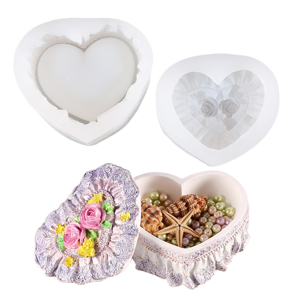 两款爱心玫瑰花收纳盒液态硅胶模具 diy香薰蜡烛烛台石膏滴胶模具