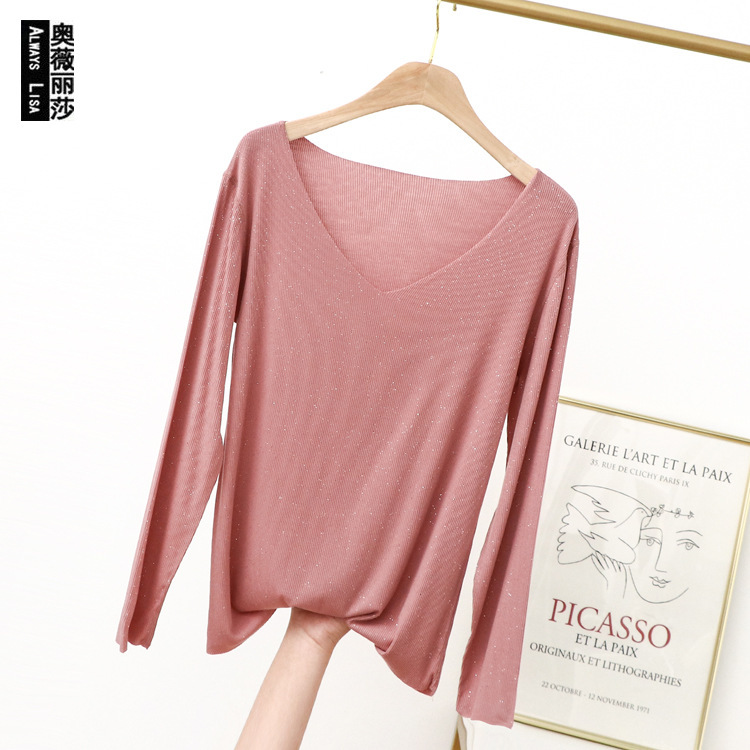 Spring and summer 2023 new shiny V-neck long-sleeved modal bottoming shirt wholesale Korean style slimming T-shirt for women