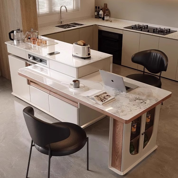 Cream-Style Island Table and Dining Table Integrated Rotatable and Retractable Household Slate Center Table Kitchen Multi-Functional Bar